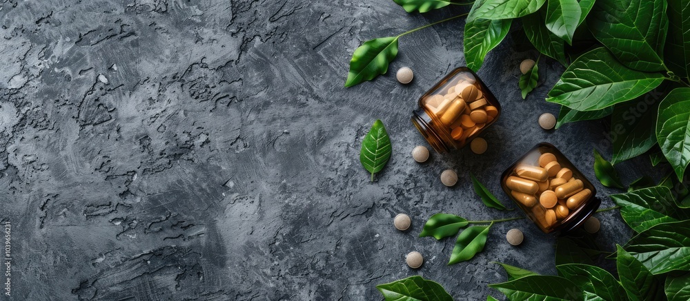 Poster top view of pills in a bottle with green leaves on a concrete backdrop with copy space image