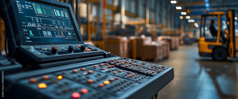 Aufkleber Control panel with buttons and screen in a warehouse with a forklift in the background.