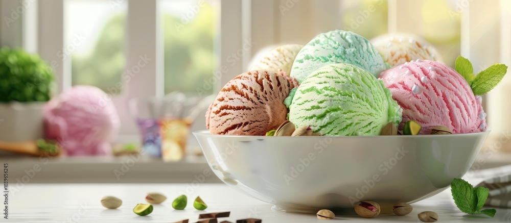 Poster an array of colorful ice cream scoops in a white bowl adorned with pistachio nuts chocolate and mint