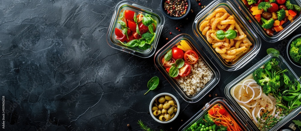 Poster glass containers with various meals and products displayed on a black table in a flat lay style offe