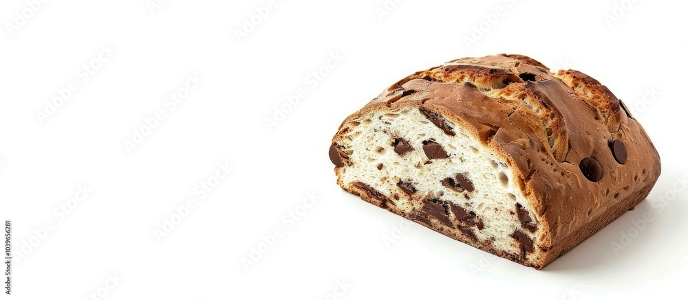 Poster a slice of bread with chocolate filling placed on a white background with space for text or image. w