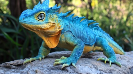 Obraz premium A tight shot of a blue-yellow lizard atop a rock amidst tree-filled backdrop