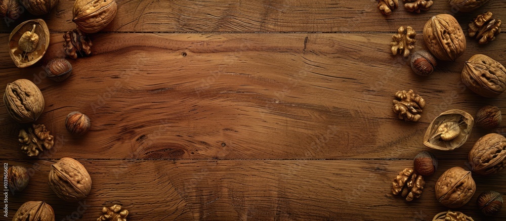 Poster top view of a wooden surface with walnuts a nutcracker and plenty of empty space for overlaying your