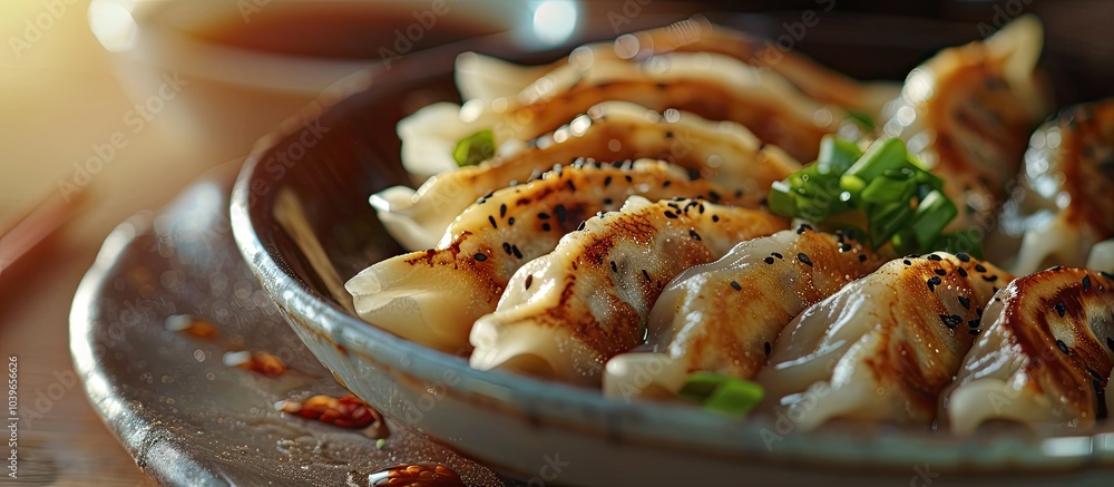 Poster selective focus on a snack of gyoza or dumplings with soy sauce creating a visually appealing copy s