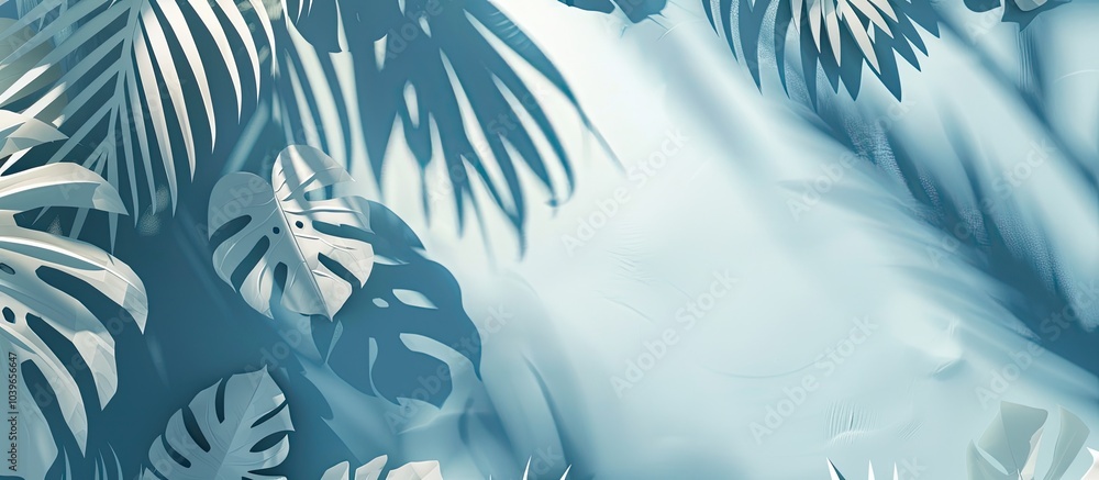 Poster product presentation featuring paper cutouts and shadows on a light blue backdrop with a copy space 