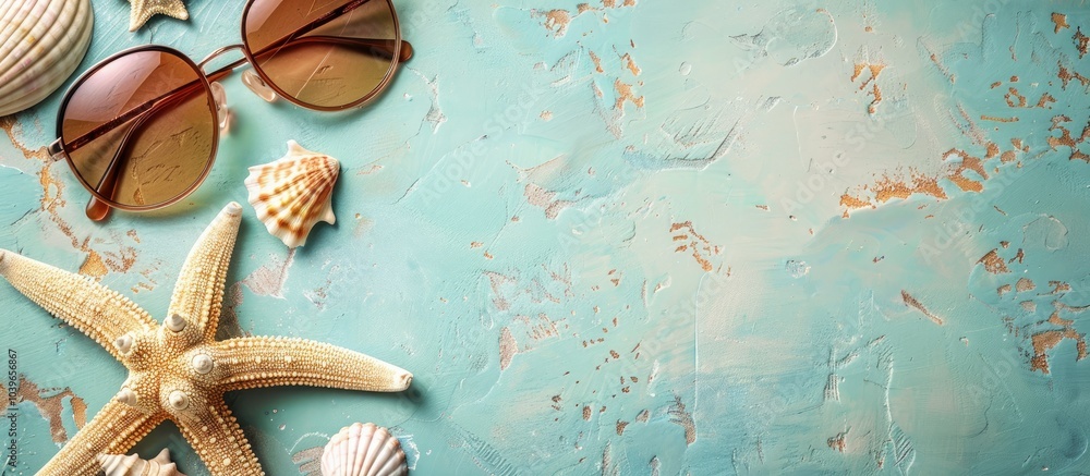 Poster summer themed sunglasses posed on a seaside inspired setting with a seashell on a table creating a t