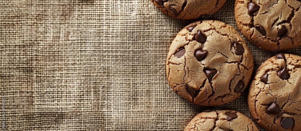 Poster chocolate chip cookies displayed from a top angle on jute with copy space image