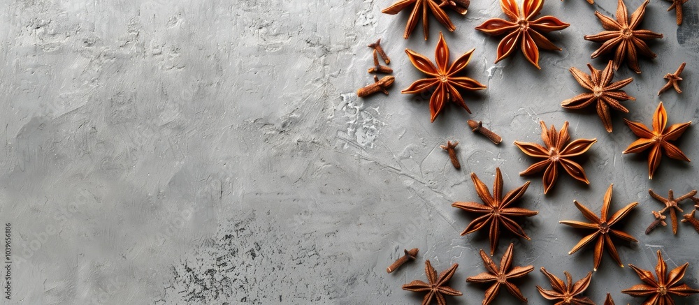 Poster closeup of star anise spice on a gray stone background with room for text around the image. with cop