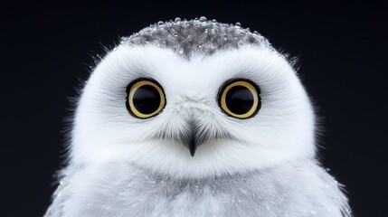 Fototapeta premium A white owl's face, tightly framed in close-up, contrasts against a backdrop of pure black Snowflakes dot its head
