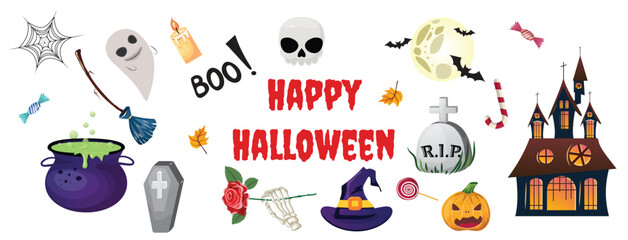 Halloween themed collection featuring a broom, cauldron, spider net, skull, spooky decorations