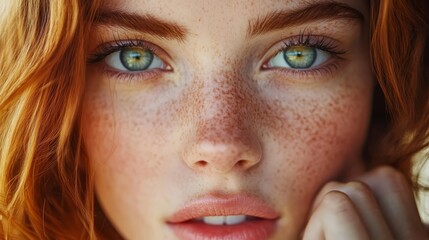 Fototapeta premium A close-up of a woman's face with freckled skin, topped by hair and eyes bearing identical freckles