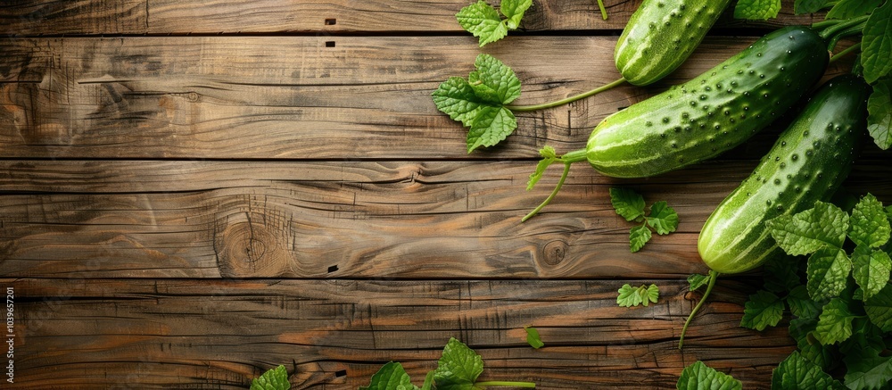 Poster wooden background with fresh cucumbers creating a copy space image