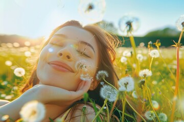 Young woman enjoys nature on spring lawn  allergy free concept.