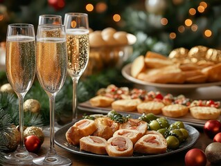 Close-up of a buffet table at a New Year's Eve party, filled with hors d’oeuvres, champagne flutes, and festive decorations