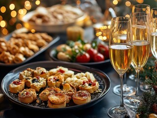 Close-up of a buffet table at a New Year's Eve party, filled with hors d’oeuvres, champagne flutes, and festive decorations