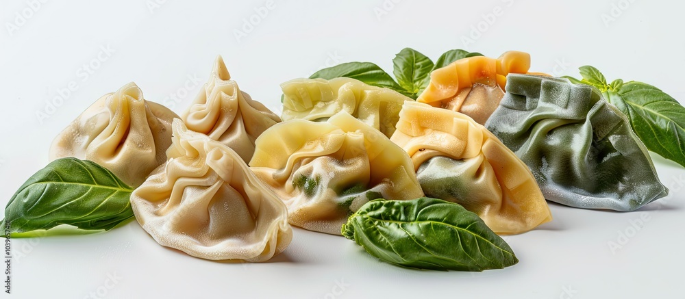Poster various uncooked dumplings with fresh basil on a white backdrop with copy space image
