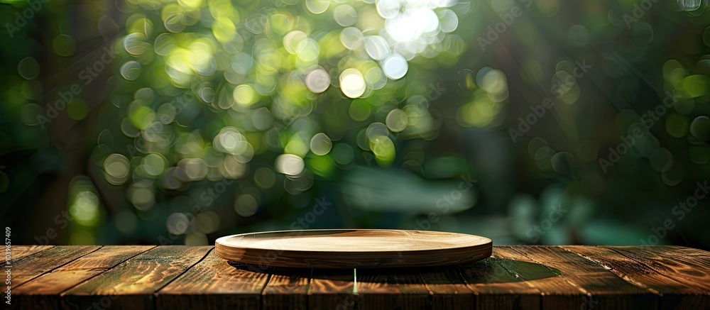 Poster green blurred background with an empty wood plate top table allowing for copy space image