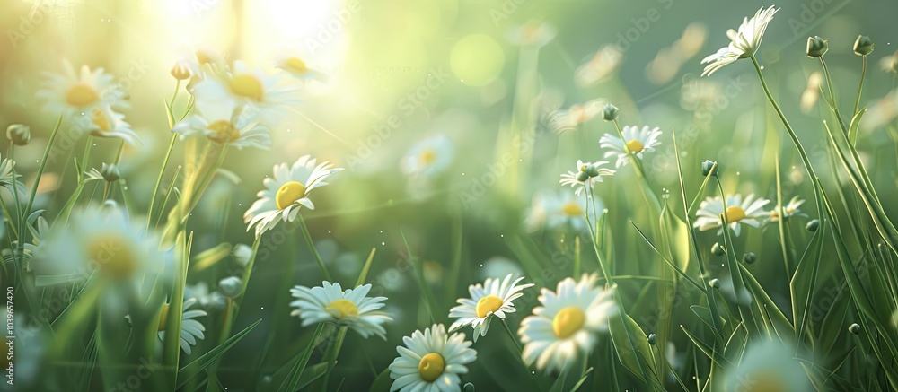 Poster a meadow filled with white and yellow blooms in the foreground with a blurred background providing s