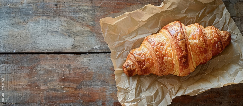 Poster rustic top view of a delicious croissant on a table with copy space image of bakery items