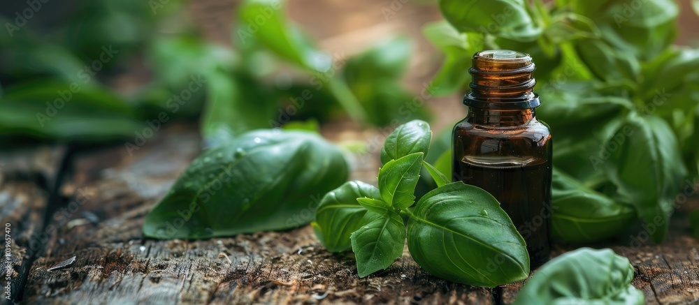 Poster fresh basil essential oil with leaves displayed on a textured wooden surface for aromatherapy featur