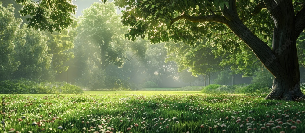 Poster lush greenery with trees in the park showcasing a scenic view with a copy space image
