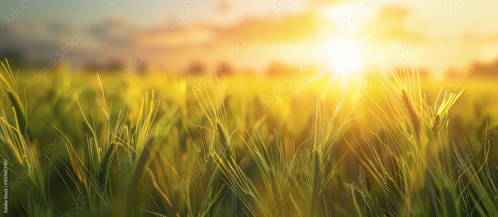 Aufkleber scenic view of a green wheat field with the setting sun casting a warm glow ideal for a copy space i
