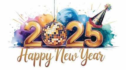 Golden 2025 Happy New Year Disco Ball Celebration on white background
