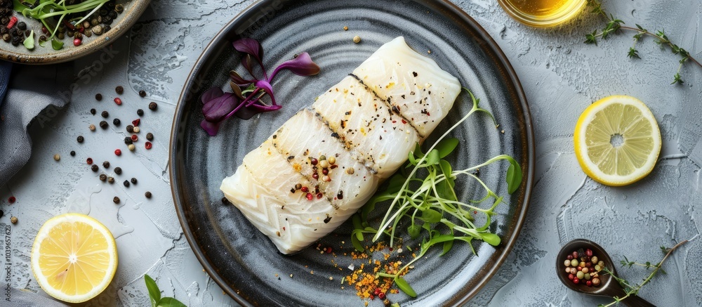 Poster flat lay view of a plate with raw cod fish spices microgreens and lemon on a textured grey table pro