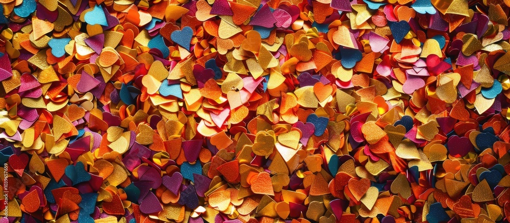 Poster top down view of shiny gold confetti spread on a colorful backdrop with ample space for additional i