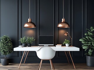 Study room with black walls and white furniture