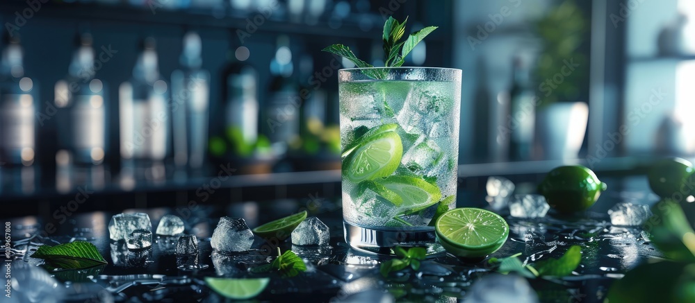 Poster a summer themed cocktail featuring gin liqueur lime juice mint and ice on a black bar counter with b