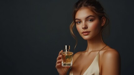 portrait, beautiful young woman holding a glass perfume bottle in her hands on a dark gray background, concept on a perfume theme, copy space