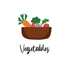 Illustration of fresh vegetables in bowl old doodle style with text lettering,