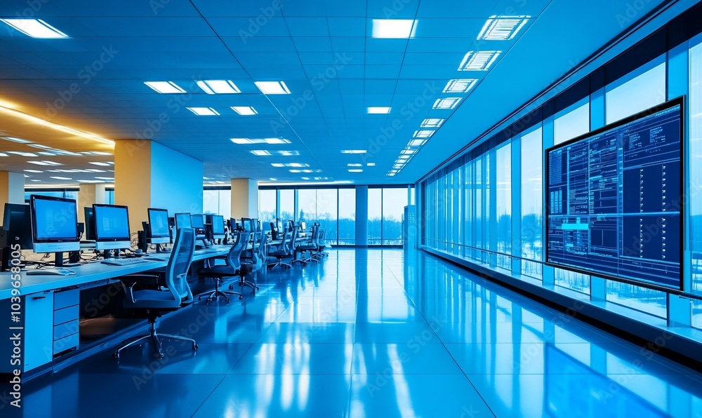 Poster Empty modern office with large windows and computer screens.
