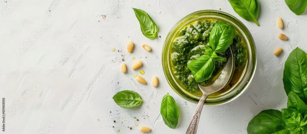 Poster top down view of a delicious jar of pesto sauce with a spoon pine nuts and fresh basil on a white ta