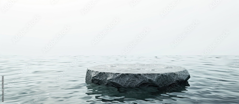 Poster a stone podium showcasing a product floating in water against a white backdrop visible from above wi