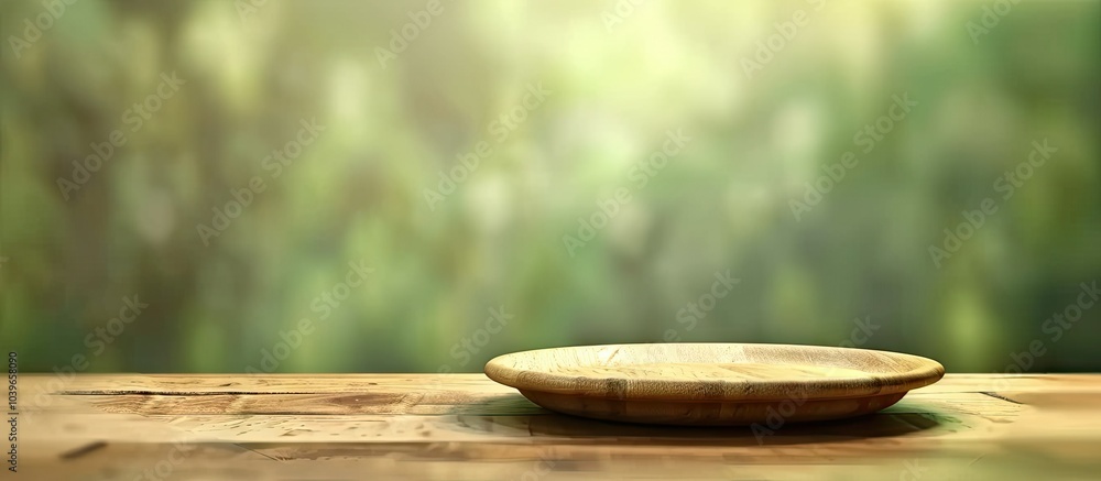 Poster green blurred background with an empty wood plate top table allowing for copy space image