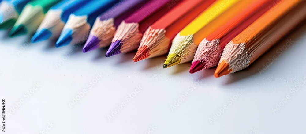 Poster diagonally arranged sharpened colored pencils on white backdrop with selective focus resembling a ra