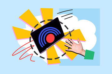 Creative image collage laptop computer screen internet network connection wifi hotspot broadcast wireless 5g modern technology