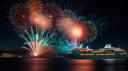 A large cruise ship is silhouetted against a beautiful display of fireworks over the water.