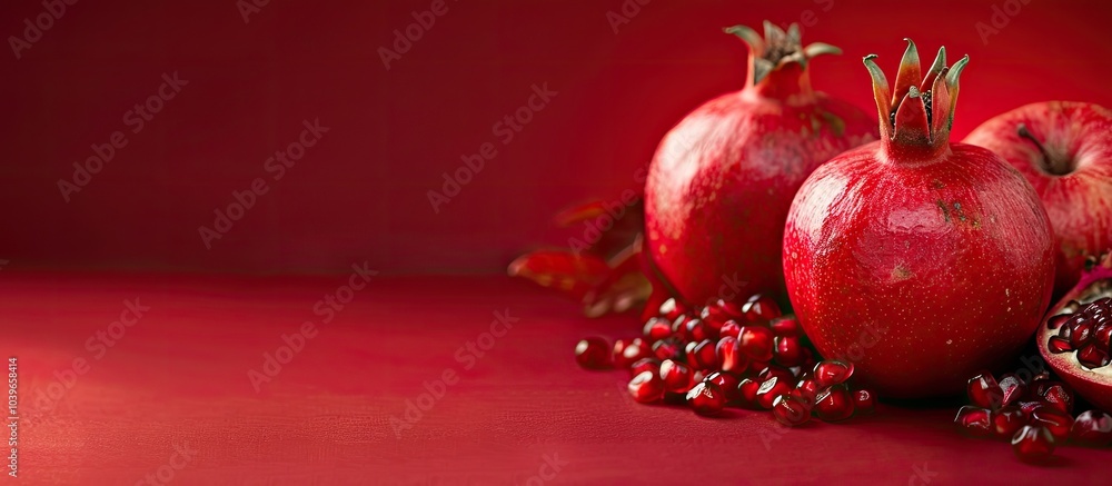 Aufkleber red apples and a ripe pomegranate displayed on a red backdrop with ample copy space image