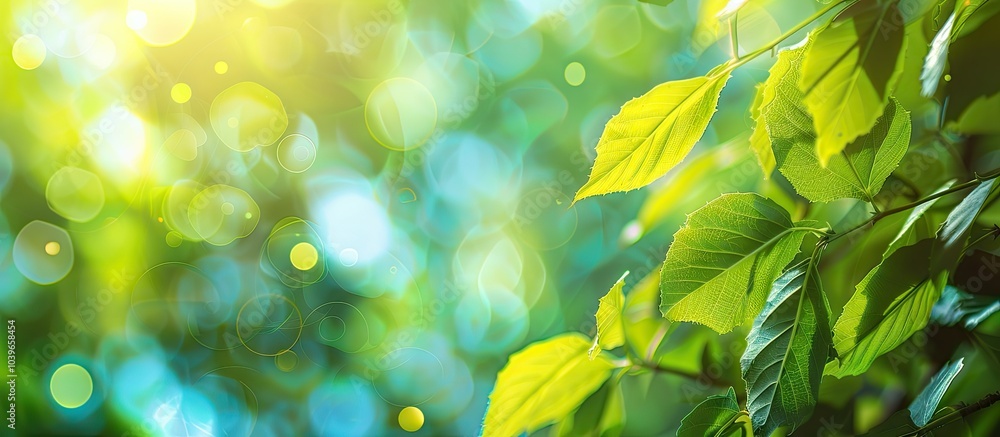 Aufkleber natural green leaves creating a blurry abstract summer background with a bright bokeh effect against