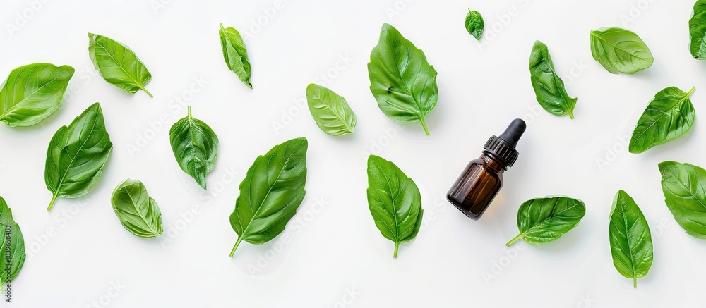 Poster basil essential oil and fresh leaves displayed with copy space image for text on a white background 