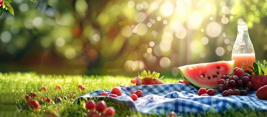 Picnic blanket on grass with watermelon berries juice bottle and focus on copy space image