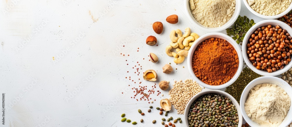 Poster top view of various protein powders in bowls adorned with nuts and seeds on a white background with 