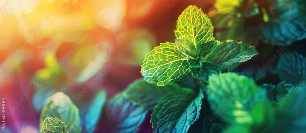Poster close up of vibrant fresh mint in colorful backlight with ample copy space image