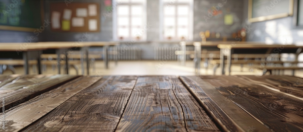 Aufkleber a blank wooden table offers ample copy space with a school classroom in the background providing an 