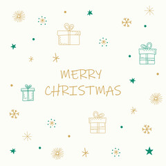 A minimalist Christmas card with the words Merry Christmas in golden script, surrounded by small icons of gift boxes, stars, and snowflakes. Ideal for sending warm holiday wishes