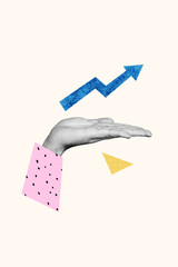 Vertical photo collage of human hand palm hold statistics arrow success development growth career...