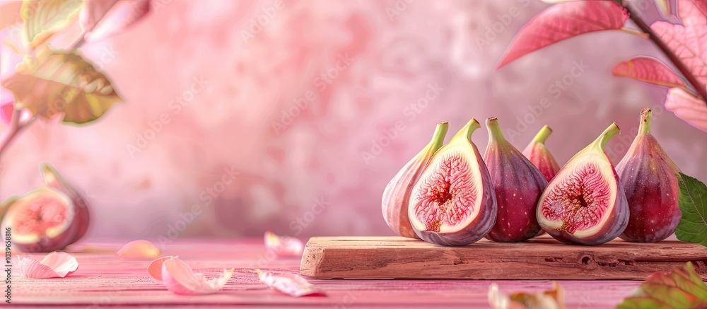 Aufkleber fresh ripe figs displayed on a wooden board with a soft pink background creating a charming copy spa